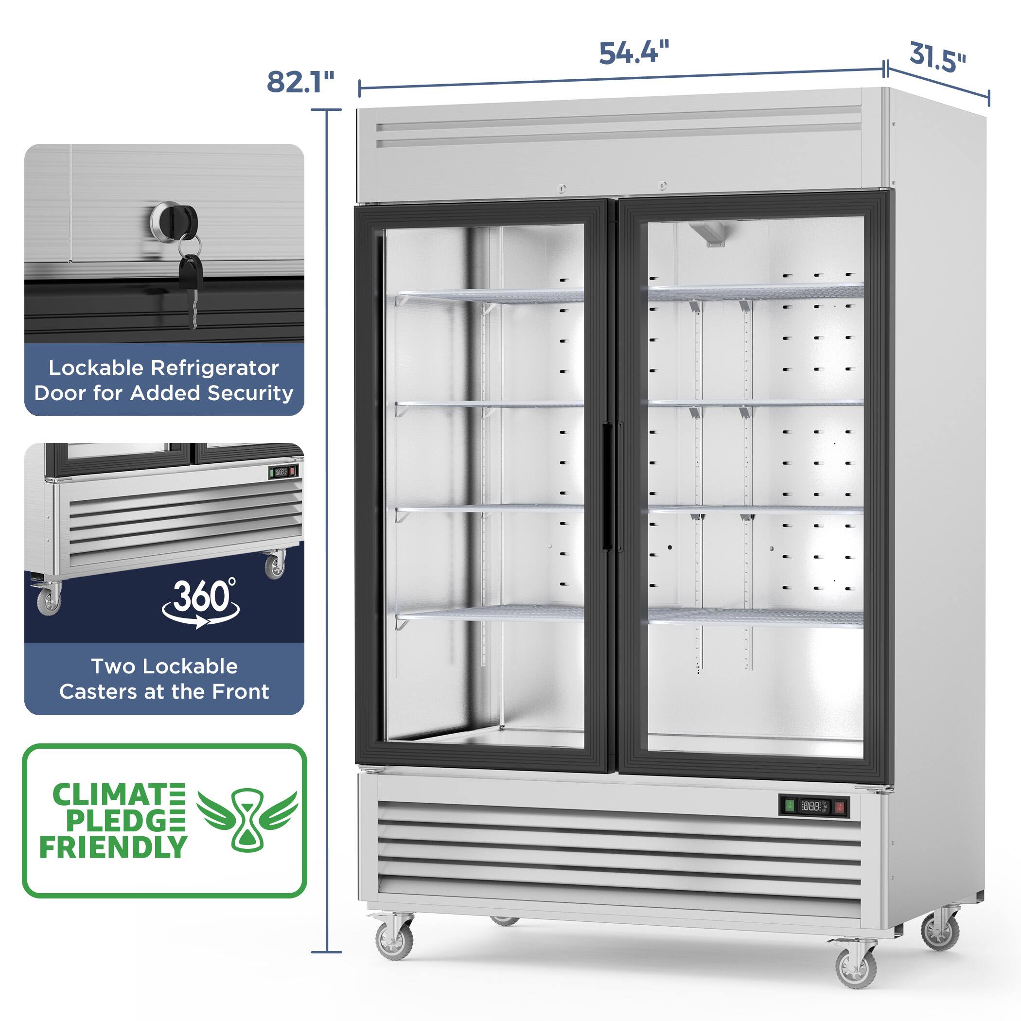82.1" 54.4" 31.5" Lockable Refrigerator Door for Added Security  
360° Two Lockable Casters at the Front  
CLIMATE PLEDGE FRIENDLY