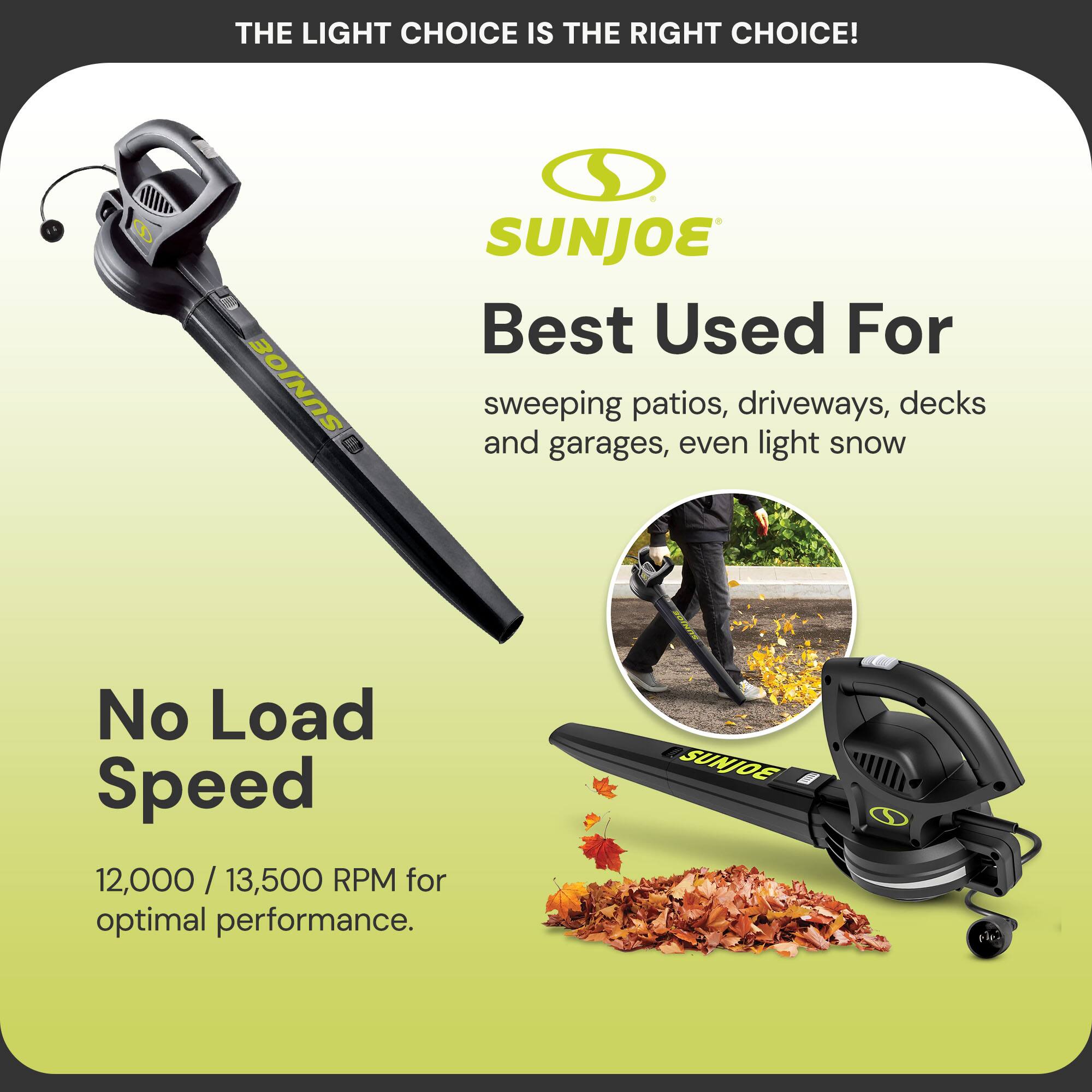 THE LIGHT CHOICE IS THE RIGHT CHOICE!

SUNJOE

Best Used For
sweeping patios, driveways, decks and garages, even light snow

No Load Speed
12,000 / 13,500 RPM for optimal performance.