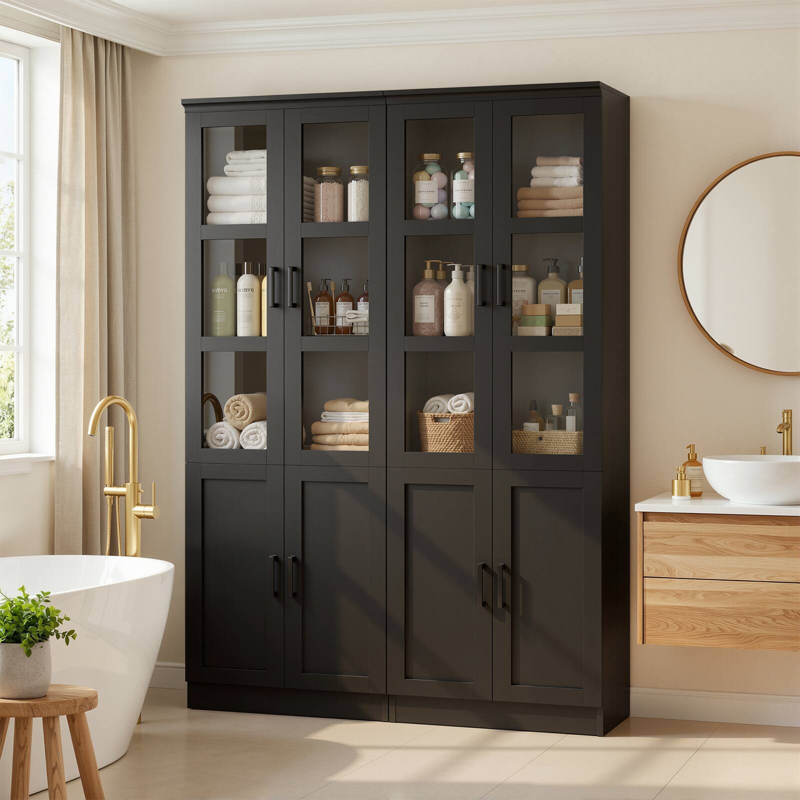 Alt View 2. Aheaplus - 79.7'' Tall Pantry Cabinet 2-Piece Set, 47.2'' Width Storage Cabinet with Glass Doors & Adjustable Shelves - Black.