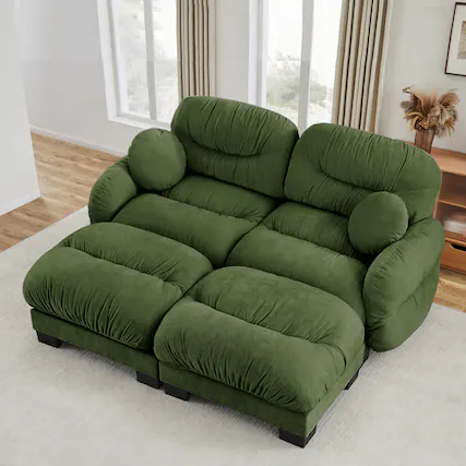 Front. Anysun - L Shape 2-Seater Modular Sofa with 2 Ottomans, High-Density Foam & Curved Armrests, Pleated Design for Living Room - Green.