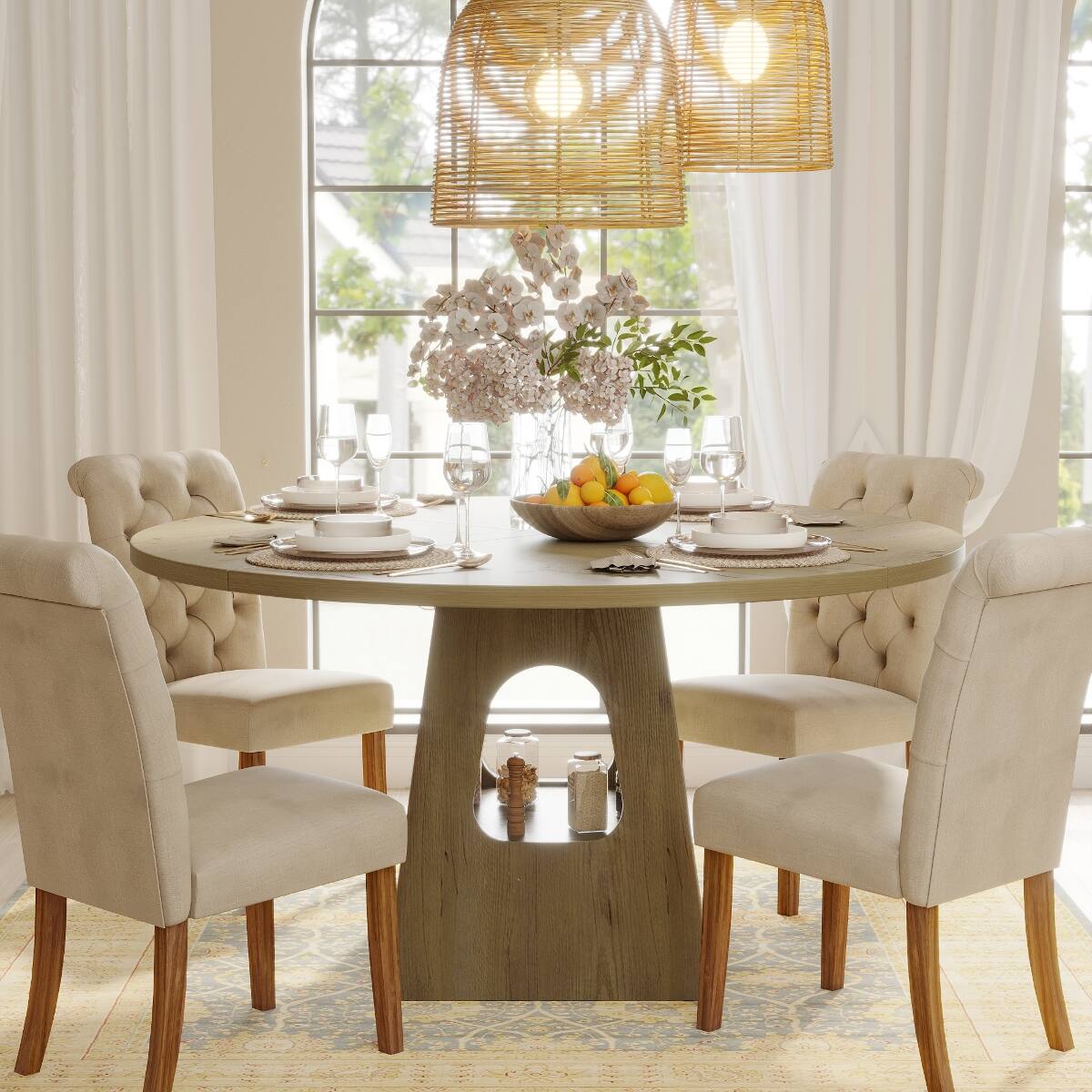 Angle. Loheer - Loheer 47-Inch Round Dining Table with Natural MDF Top and Storage Shelf - Natural.