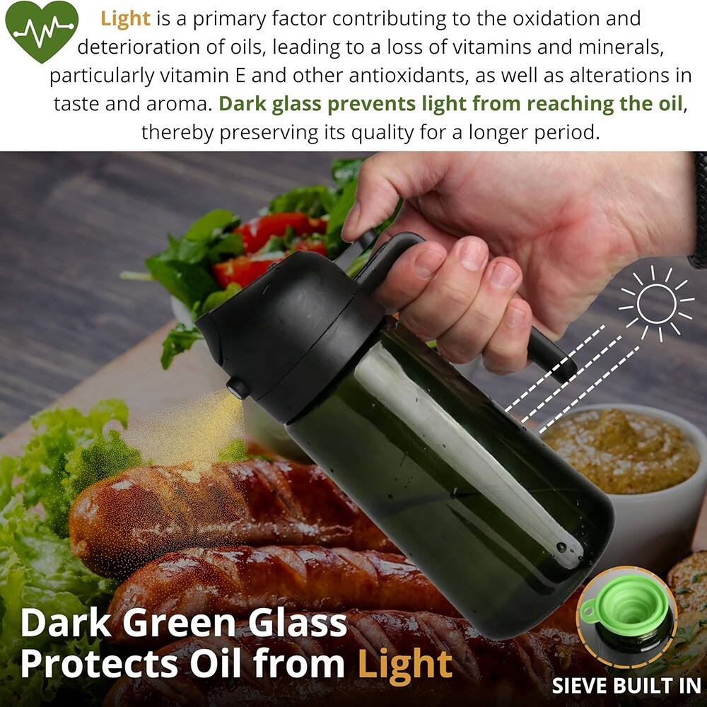 Light is a primary factor contributing to the oxidation and deterioration of oils, leading to a loss of vitamins and minerals, particularly vitamin E and other antioxidants, as well as alterations in taste and aroma. Dark glass prevents light from reaching the oil, thereby preserving its quality for a longer period.

Dark Green Glass Protects Oil from Light

SIEVE BUILT IN