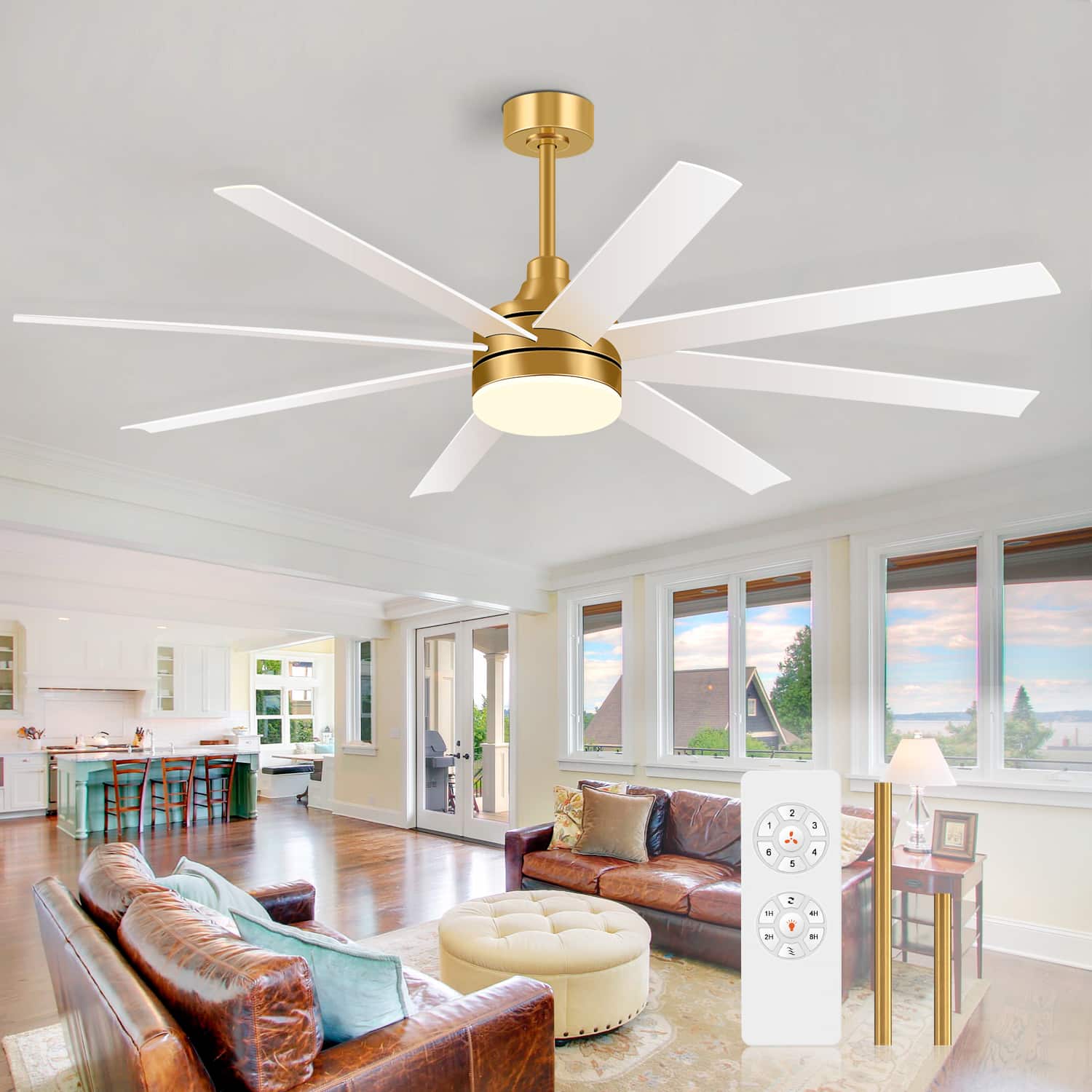 Front. Breezary - 65-Inch Ceiling Fan with 8 ABS Blades, 6-Speed DC Motor, Remote Control with Timer, 2 Downrods, Light/No-Light Options - Gold and White (With Light).