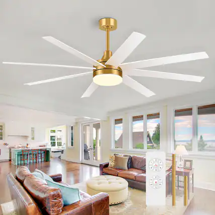 Front. Breezary - 65-Inch Ceiling Fan with 8 ABS Blades, 6-Speed DC Motor, Remote Control with Timer, 2 Downrods, Light/No-Light Options - Gold and White (With Light).
