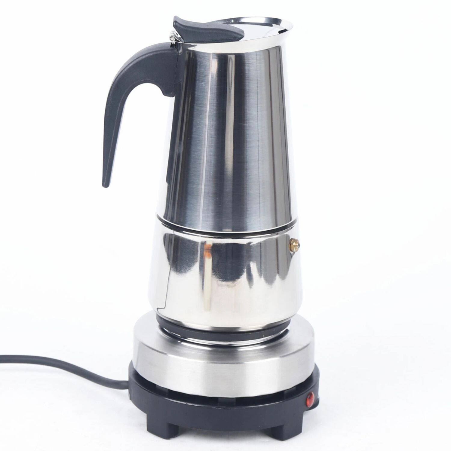 Left. Home Collection - Electric Moka Pot Espresso Maker – 9-Cup Stainless Steel Greca Coffee Maker, Automatic Stovetop Espresso Machine 110V - Silver.