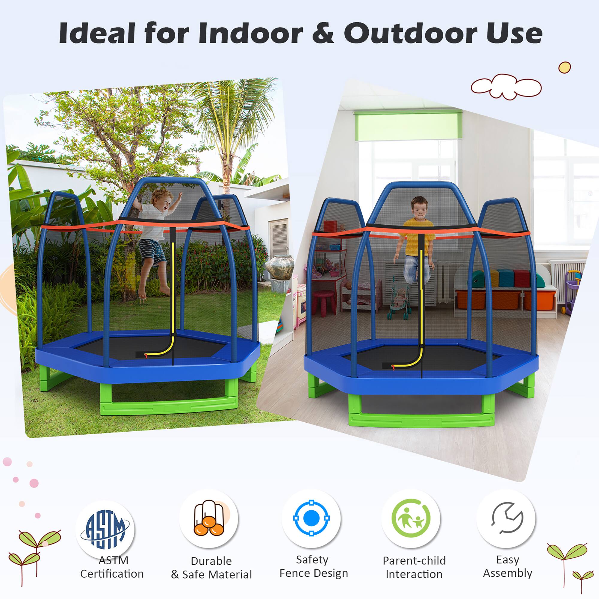 Ideal for Indoor & Outdoor Use

- ASTM Certification
- Durable & Safe Material
- Safety Fence Design
- Parent-child Interaction
- Easy Assembly