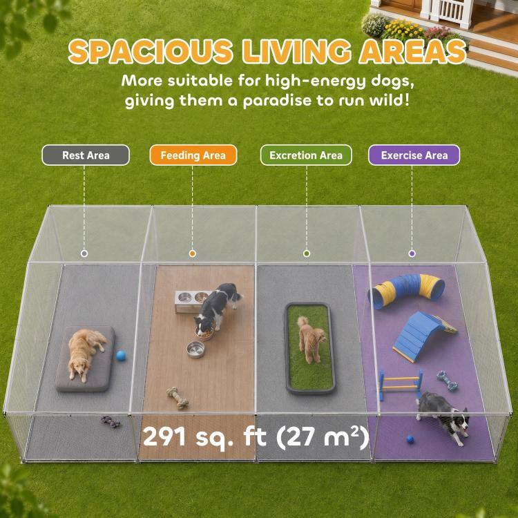 SPACIOUS LIVING AREAS  
More suitable for high-energy dogs, giving them a paradise to run wild!  

Rest Area  
Feeding Area  
Excretion Area  
Exercise Area  

291 sq. ft (27 m²)