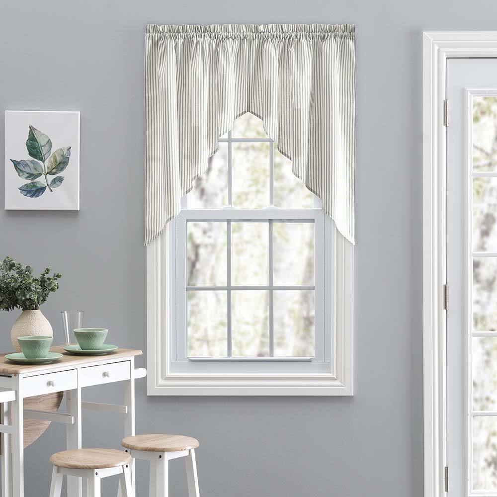 Angle. Ellis Curtain - Ellis Curtain Plaza Classic Ticking Stripe Printed on 1.5" Rod Pocket Natural Ground Tailored Swag 56" x 36" Sage - Sage.