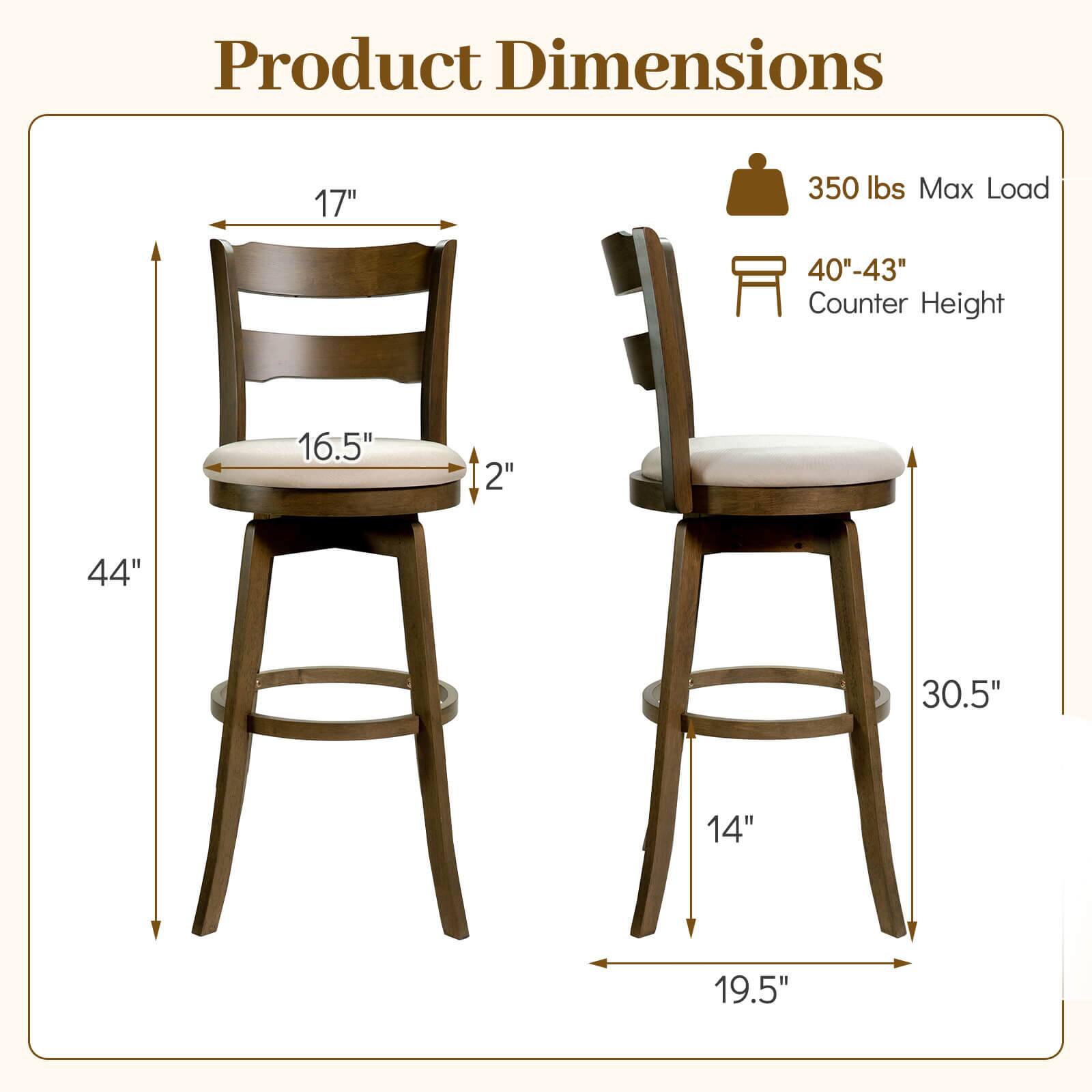 Product Dimensions:  
- 17"  
- 350 lbs Max Load  
- 40"-43" Counter Height  
- 16.5"  
- 2"  
- 44"  
- 30.5"  
- 14"  
- 19.5"