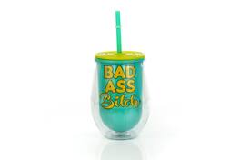 Just Funky - Bad Ass Bitch Reusable Plastic Wine Tumbler Cup With Lid & Straw | Holds 12 Ounces - Blue