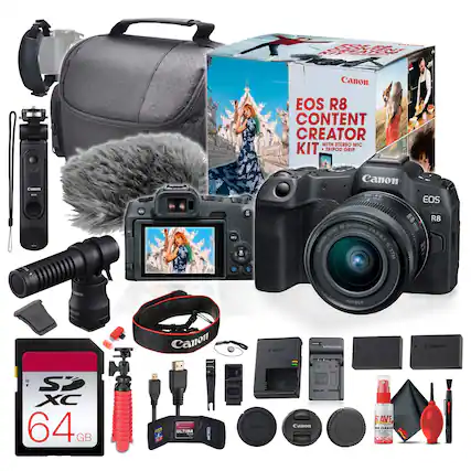 Canon EOS R8 CONTENT CREATOR WITH STEREO MIC KIT 1 TRIPOD ORIP Camon a Canon EOS R8 RS KF24-50mm LENS 14.5-63 CANON IS STM on Oece - uBG Canon Canon ORN Canon : Sp XC 64 GB - ULTIMA i CASeR CAnOn - SAVE as CLEAR -