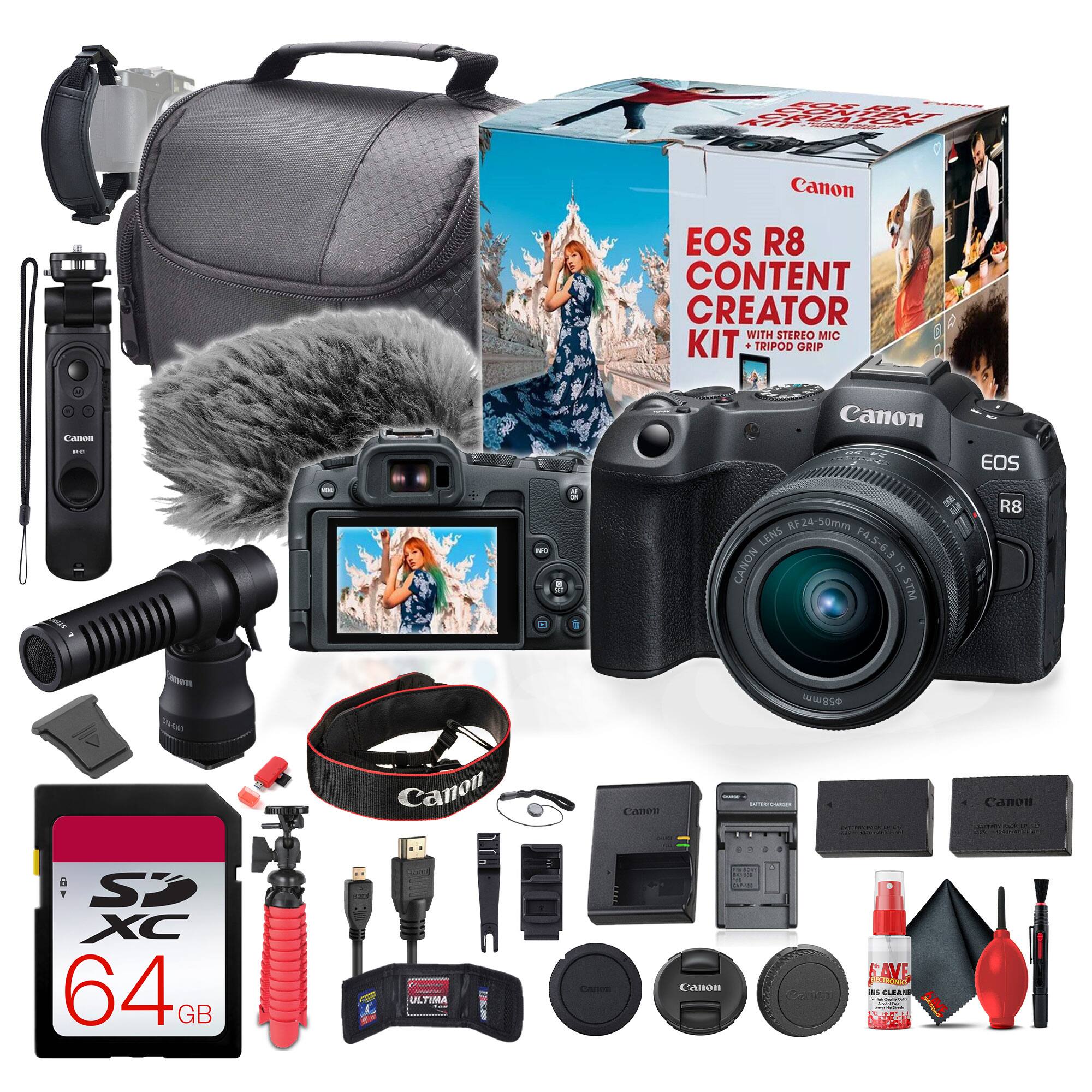 Canon EOS R8 CONTENT CREATOR WITH STEREO MIC KIT 1 TRIPOD ORIP Camon a Canon EOS R8 RS KF24-50mm LENS 14.5-63 CANON IS STM on Oece - uBG Canon Canon ORN Canon : Sp XC 64 GB - ULTIMA i CASeR CAnOn - SAVE as CLEAR -