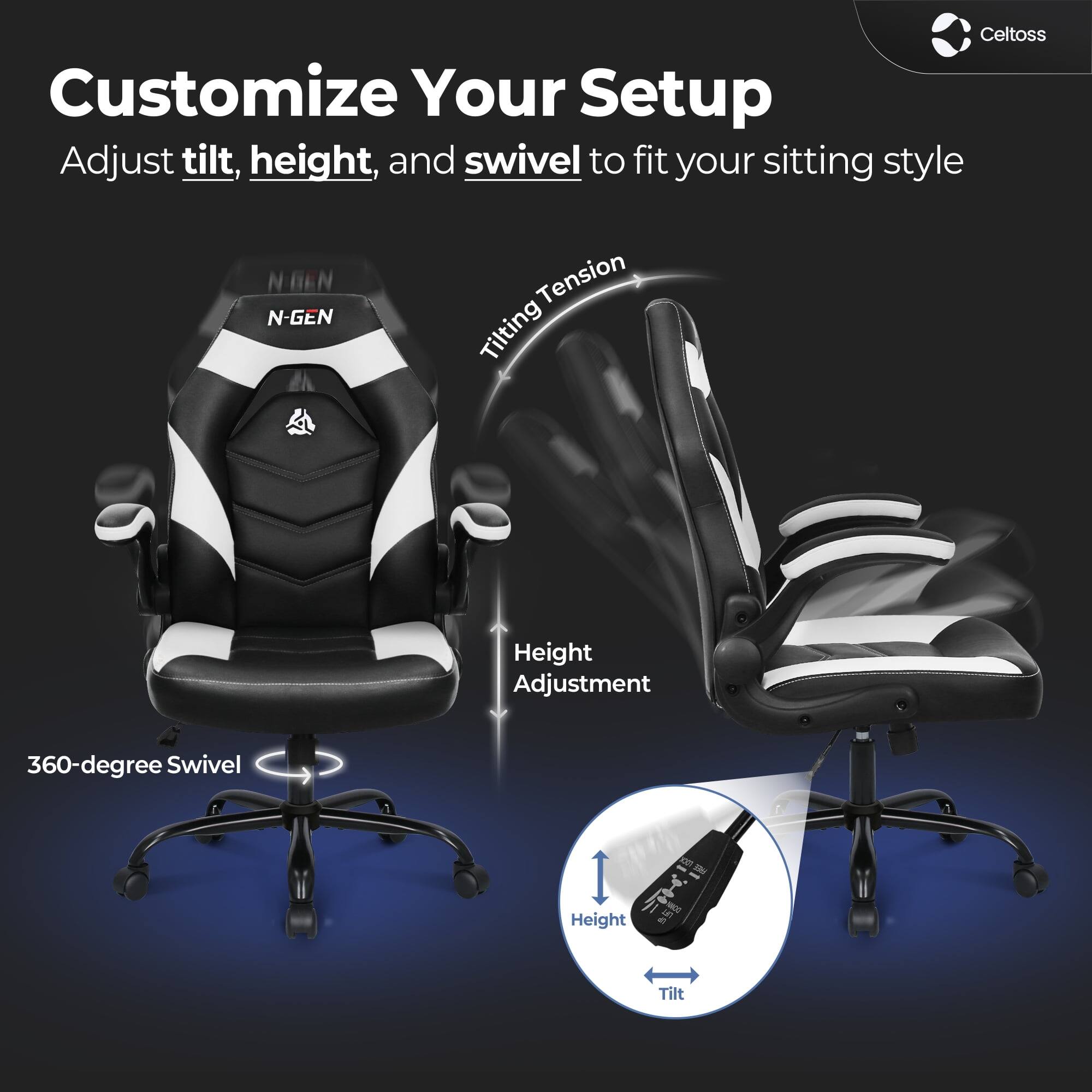 Customize Your Setup  
Adjust tilt, height, and swivel to fit your sitting style  

NEEN N-GEN  
Tilting Tension  
Height Adjustment  
360-degree Swivel  
Height  
Tilt