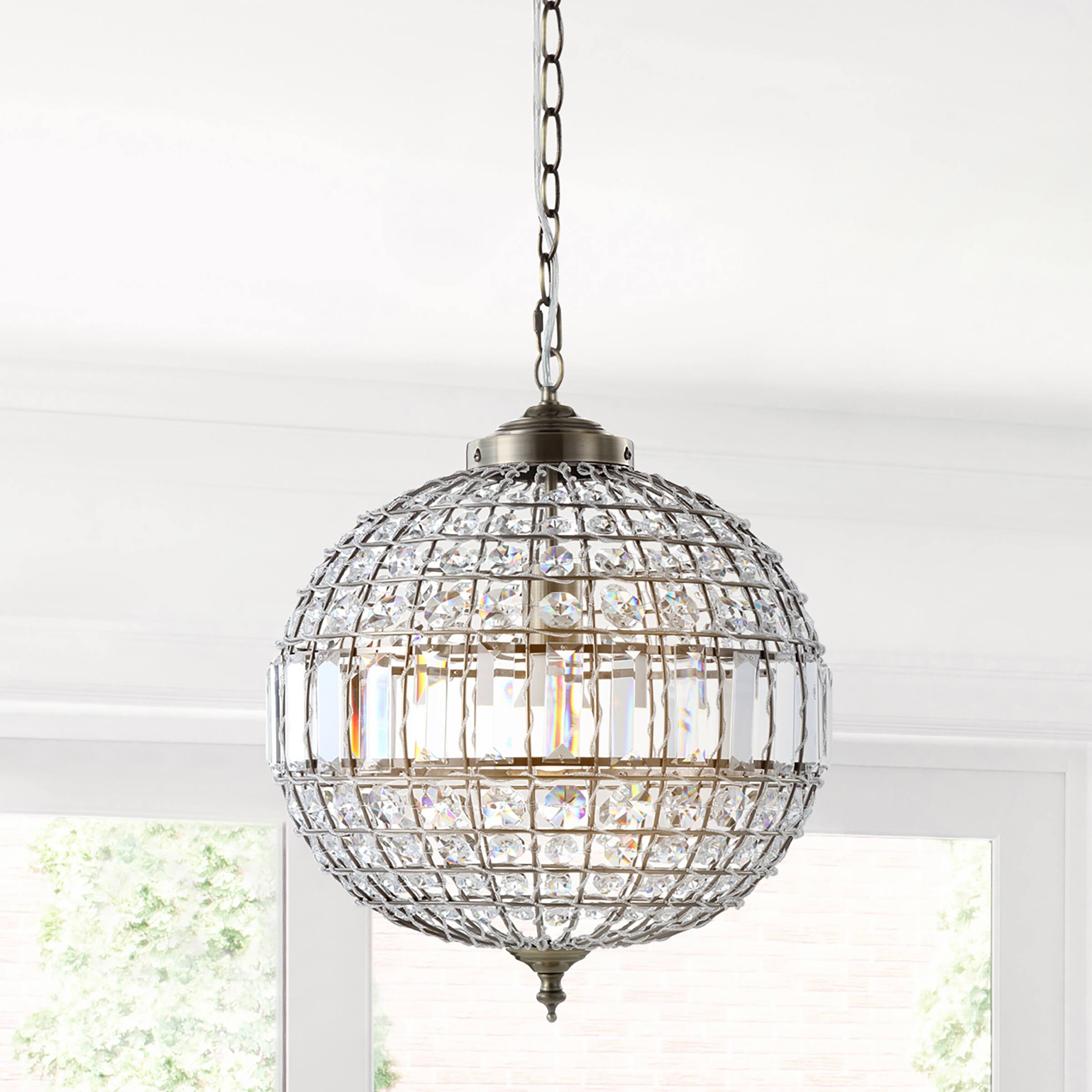 Alt View 1. Jonathan Y - Georgina 16" Crystal/Metal LED Pendant, Antique Brass - Antique Brass/Clear.