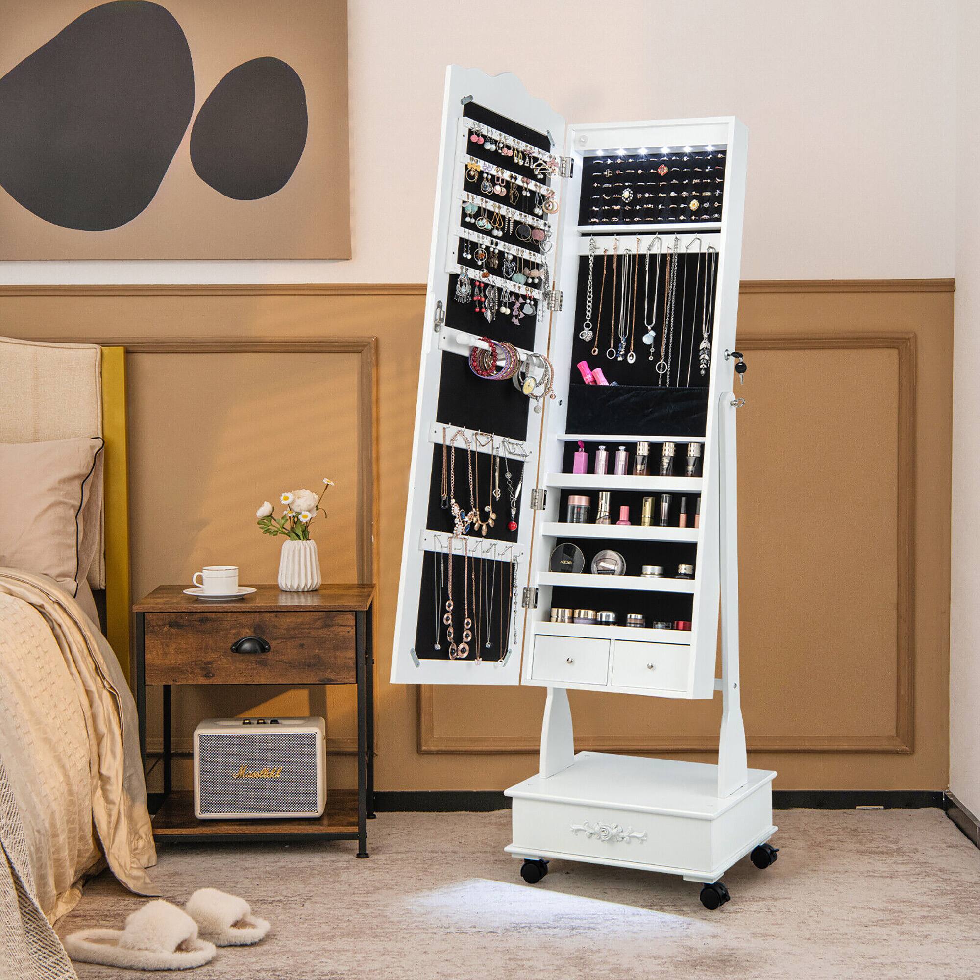 Alt View 2. Gymax - Gymax Rolling Jewelry Cabinet Armoire Full Length LED Mirror Lockable w/ Drawer White - White.