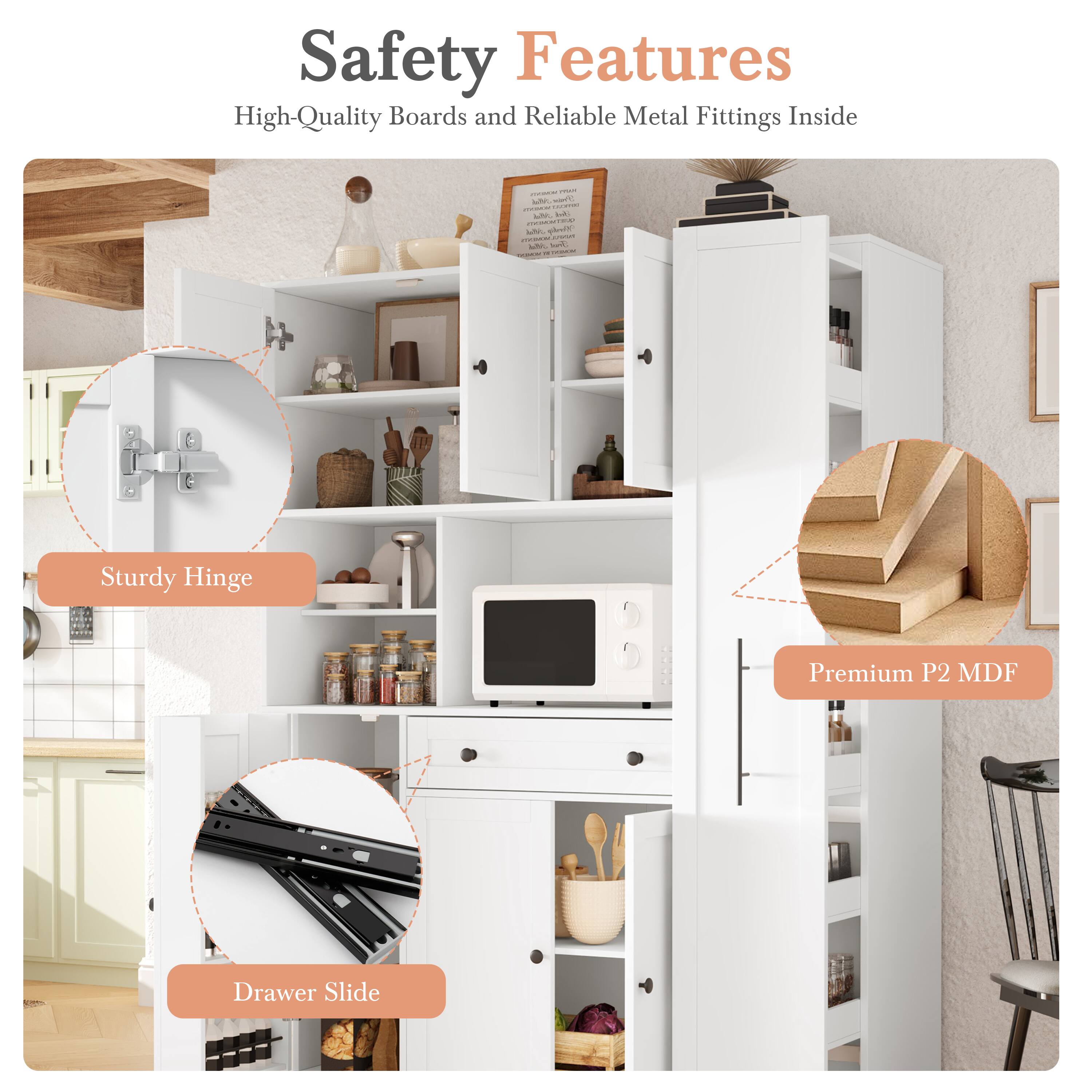 Safety Features  
High-Quality Boards and Reliable Metal Fittings Inside

- Sturdy Hinge
- Premium P2 MDF
- Drawer Slide