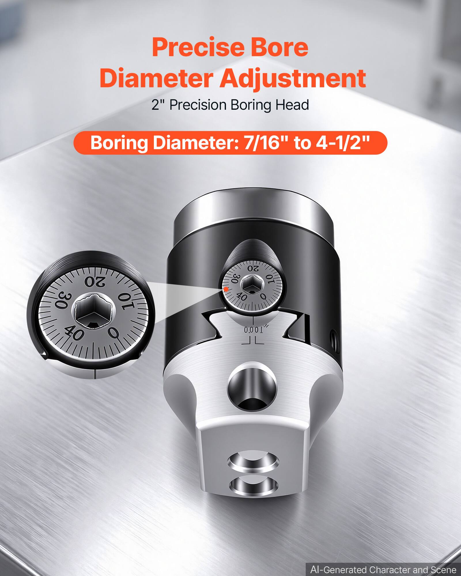 Precise Bore Diameter Adjustment  
2" Precision Boring Head  

Boring Diameter: 7/16" to 4-1/2"  

20 30 10 40 0  
20 30 10 40 0 100.0 JL  

AI-Generated Character and Scene