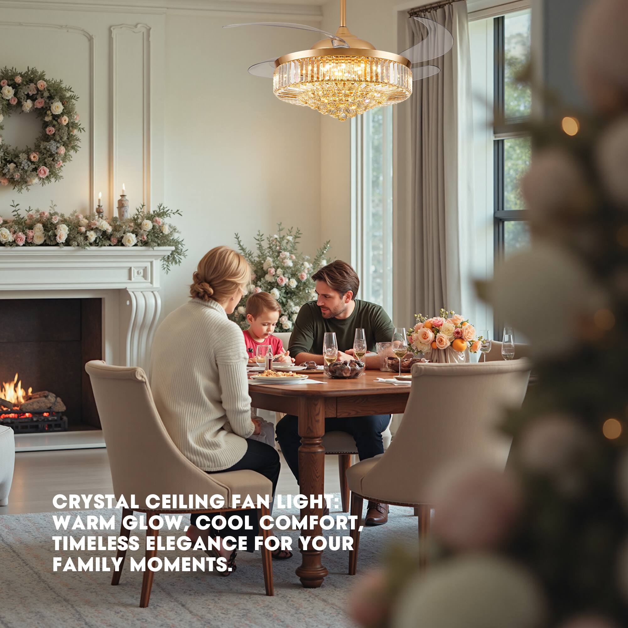 CRYSTAL CEILING FAN LIGHT: WARM GLOW, COOL COMFORT, TIMELESS ELEGANCE FOR YOUR FAMILY MOMENTS.