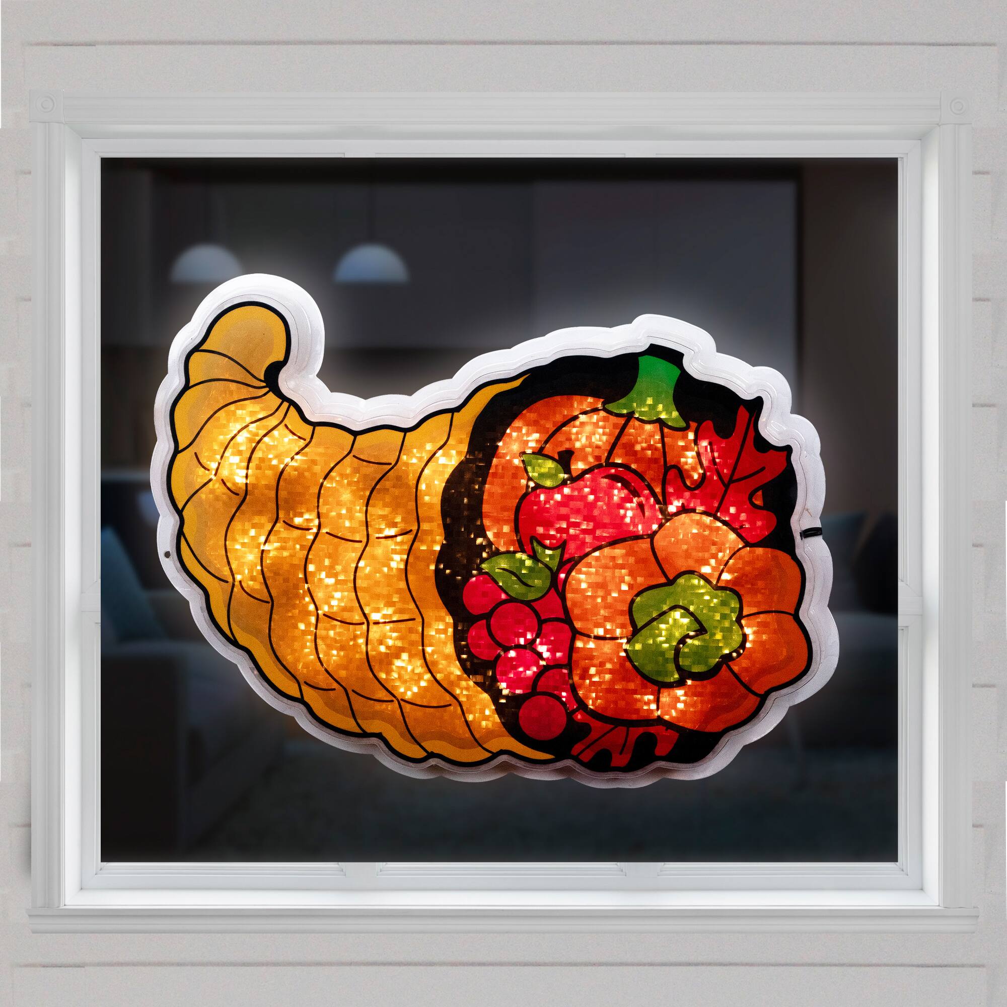 Alt View 2. Northlight - Pre-lit Cornucopia Thanksgiving Window Decoration – 16" - Clear Lights - Gold.