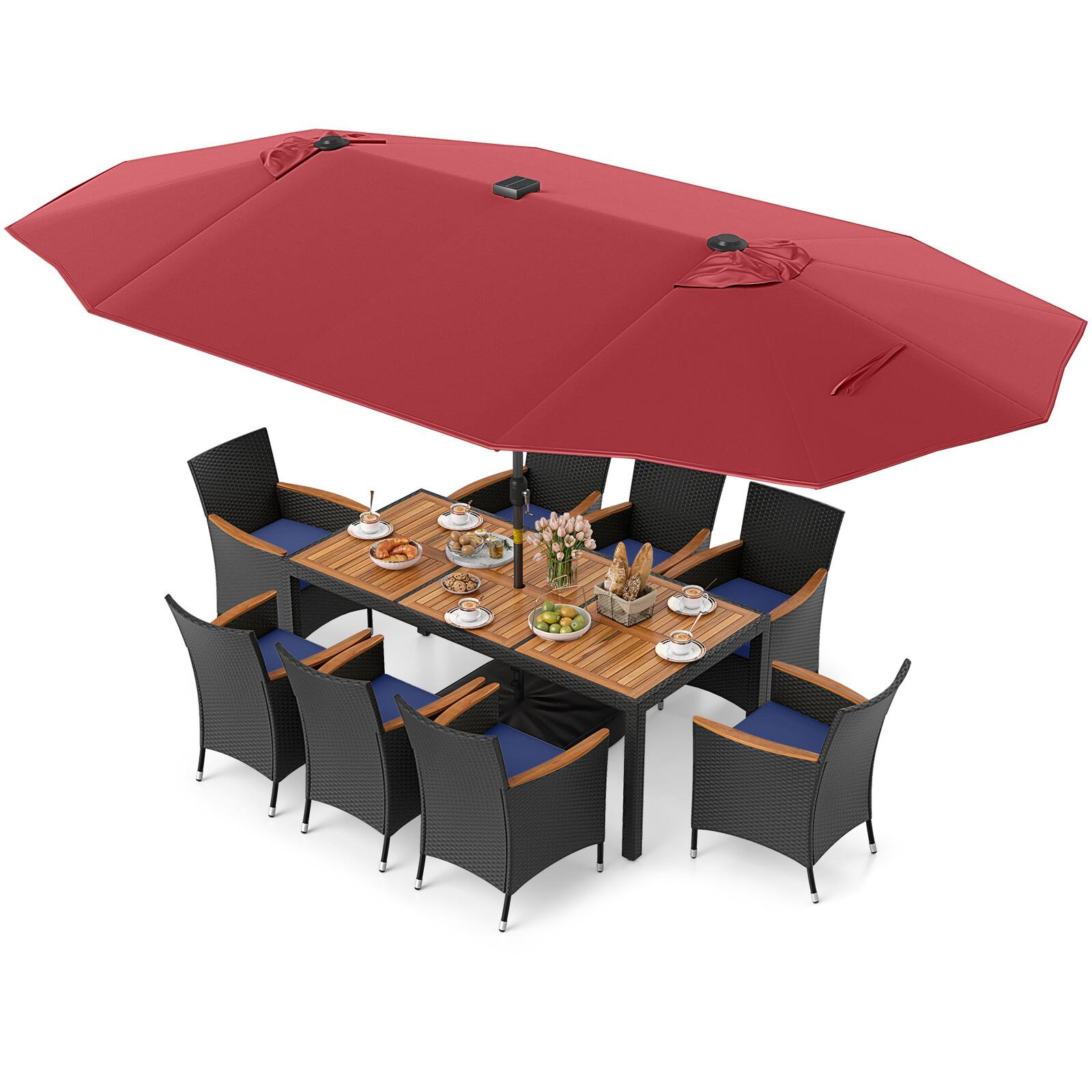Alt View 4. Gymax - Gymax 11 PCS Patio Dining Set w/ 15ft Double-Sided Patio Umbrella (Base Included) Wine - Wine.