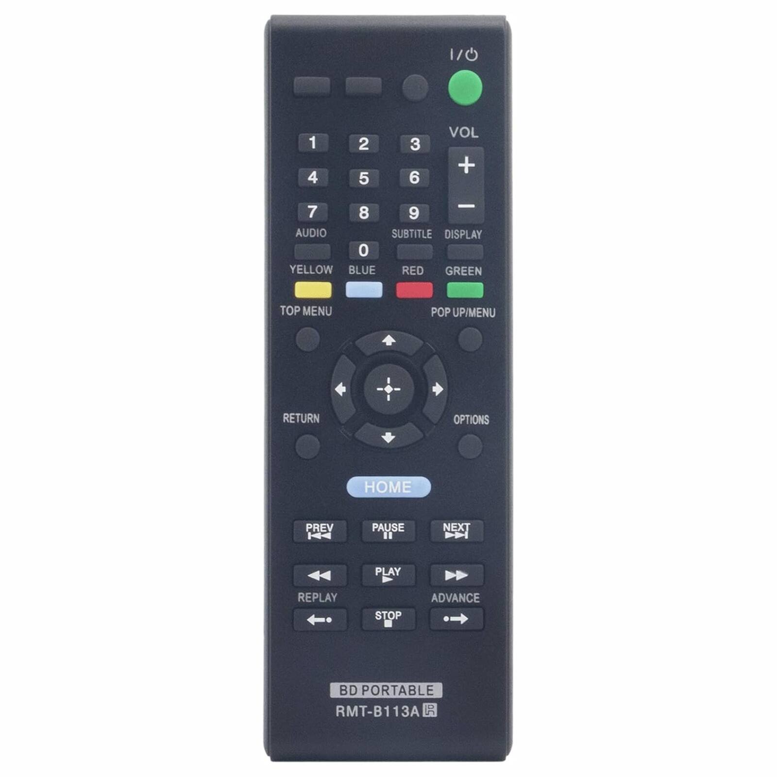 1/0 1 2 3 4 5 6 7 8 9 0 VOL + - SUBTITLE DISPLAY AUDIO YELLOW BLUE RED GREEN POP UP/MENU TOP MENU RETURN OPTIONS HOME PREV PAUSE NEXT PLAY REPLAY STOP ADVANCE BD PORTABLE RMT-B113A