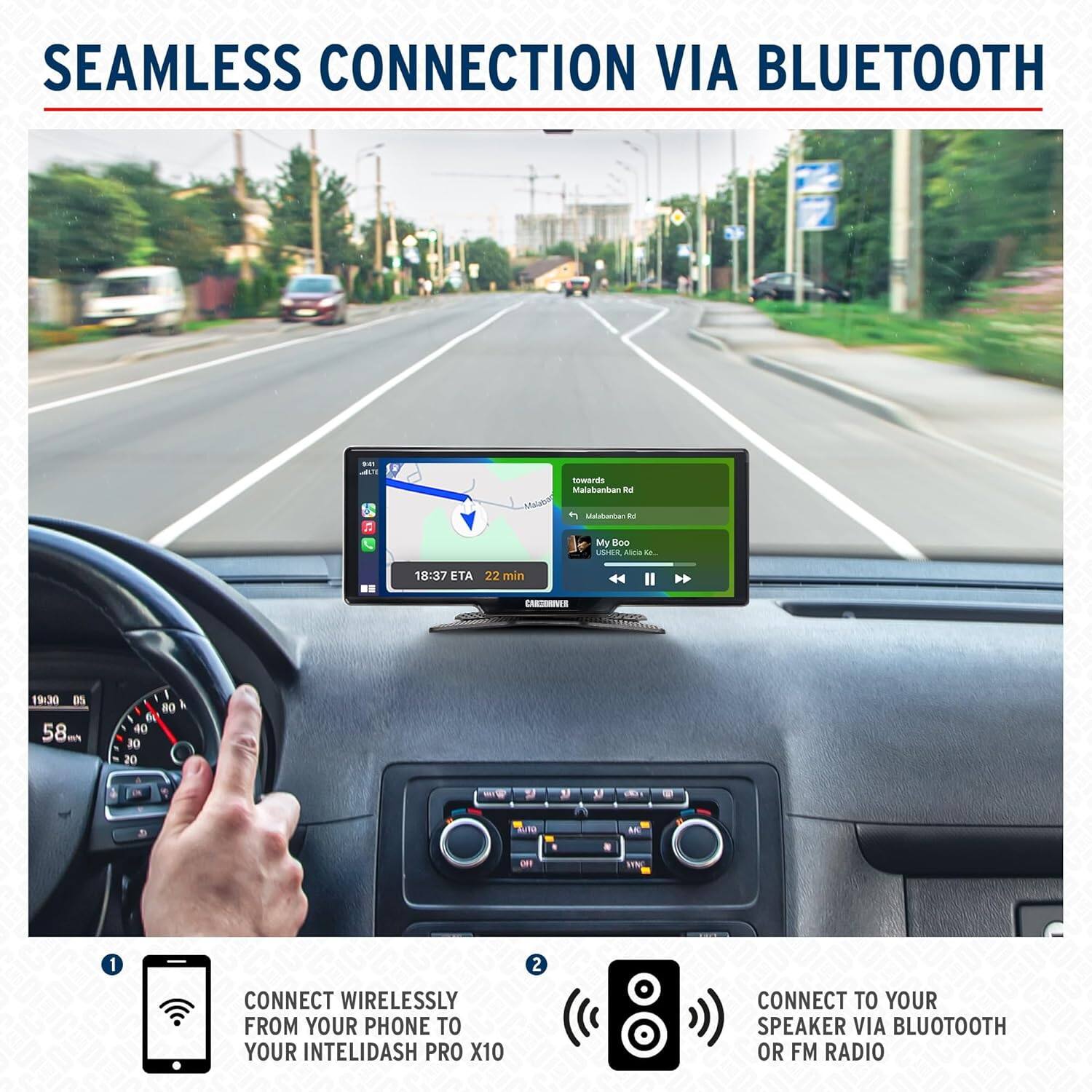SEAMLESS CONNECTION VIA BLUETOOTH

1. CONNECT WIRELESSLY FROM YOUR PHONE TO YOUR INTELIDASH PRO X10
2. CONNECT TO YOUR SPEAKER VIA BLUETOOTH OR FM RADIO