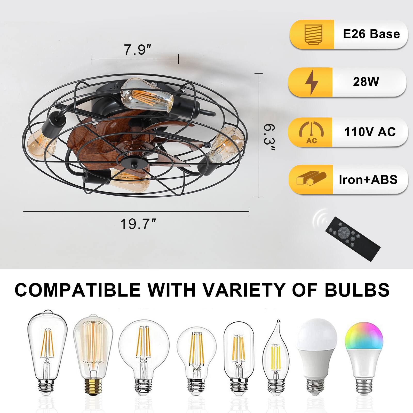 7.9" E26 Base 28W 6.3" AC 110V AC Iron+ABS 19.7" COMPATIBLE WITH VARIETY OF BULBS

- 7.9"
- E26 Base
- 28W
- 6.3"
- 110V AC
- Iron+ABS
- 19.7"

COMPATIBLE WITH VARIETY OF BULBS