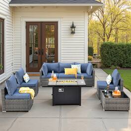 Ovios - 8 PCS Patio Furniture Set with 42" Fire Pit Table, Sectional Wicker Sofa with Coffee Table - Denim Blue