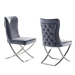 Manhattan Lane - Waden Side Dining Chair Set of 2,Gray Button Tufted Velvet - Chrome, Gray