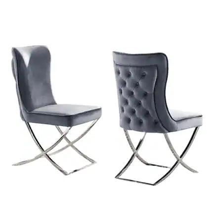 Front. Manhattan Lane - Waden Side Dining Chair Set of 2,Gray Button Tufted Velvet - Chrome, Gray.
