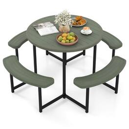 Costway - Round Picnic Table Bench Set with 4 Benches Umbrella Hole All Weather Tabletop - Green