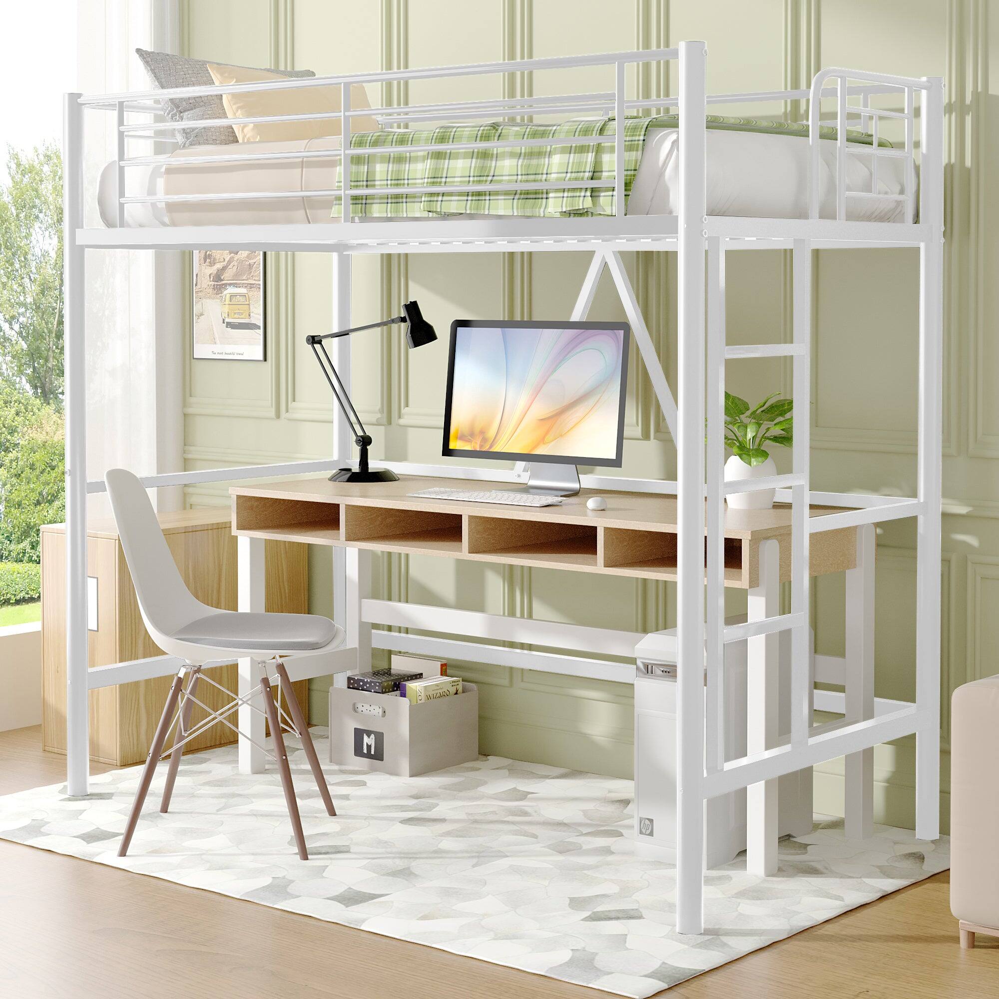 Alt View 2. Vecelo - Twin Loft Bed with Desk Space - Heavy Duty Metal Frame, Study Loft Bed, Space Saving Loft Bed, Noise Free Loft Bed - White.
