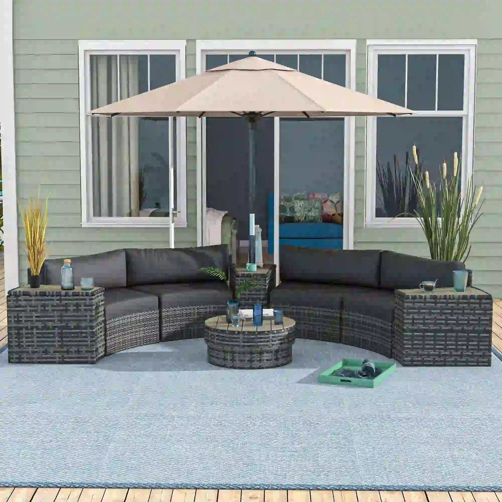 Angle. Spaco - Spaco 8PCS PE Rattan Patio Set, 4 Chair Tables Storage Umbrella Hole - Mixed Grey.