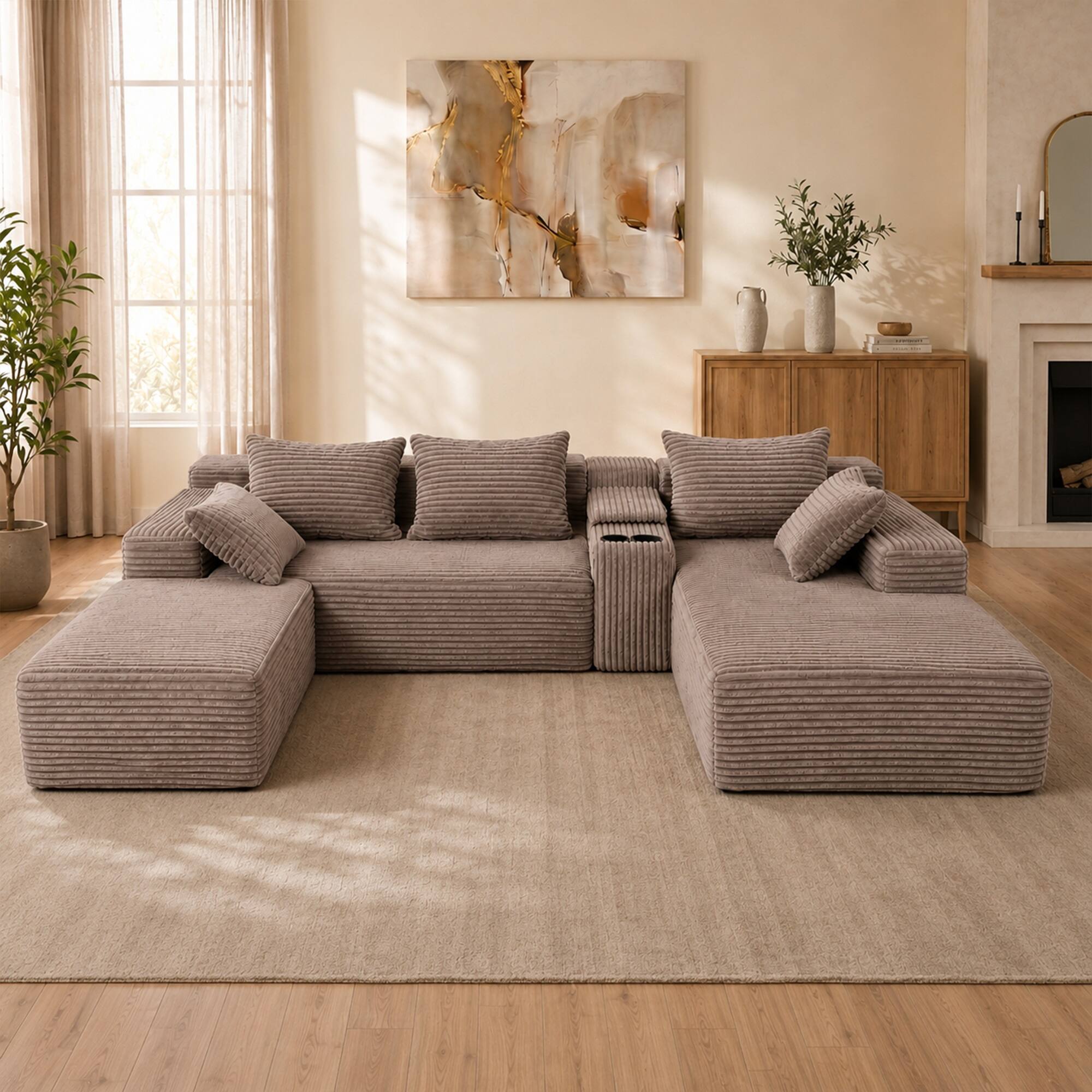 Angle. Anysun - Corduroy U-Shaped Modular Segmented Sofa – Large Sitting Depth Convertible, Cup Holders & Storage, Right-Facing Chaise - Coffee.