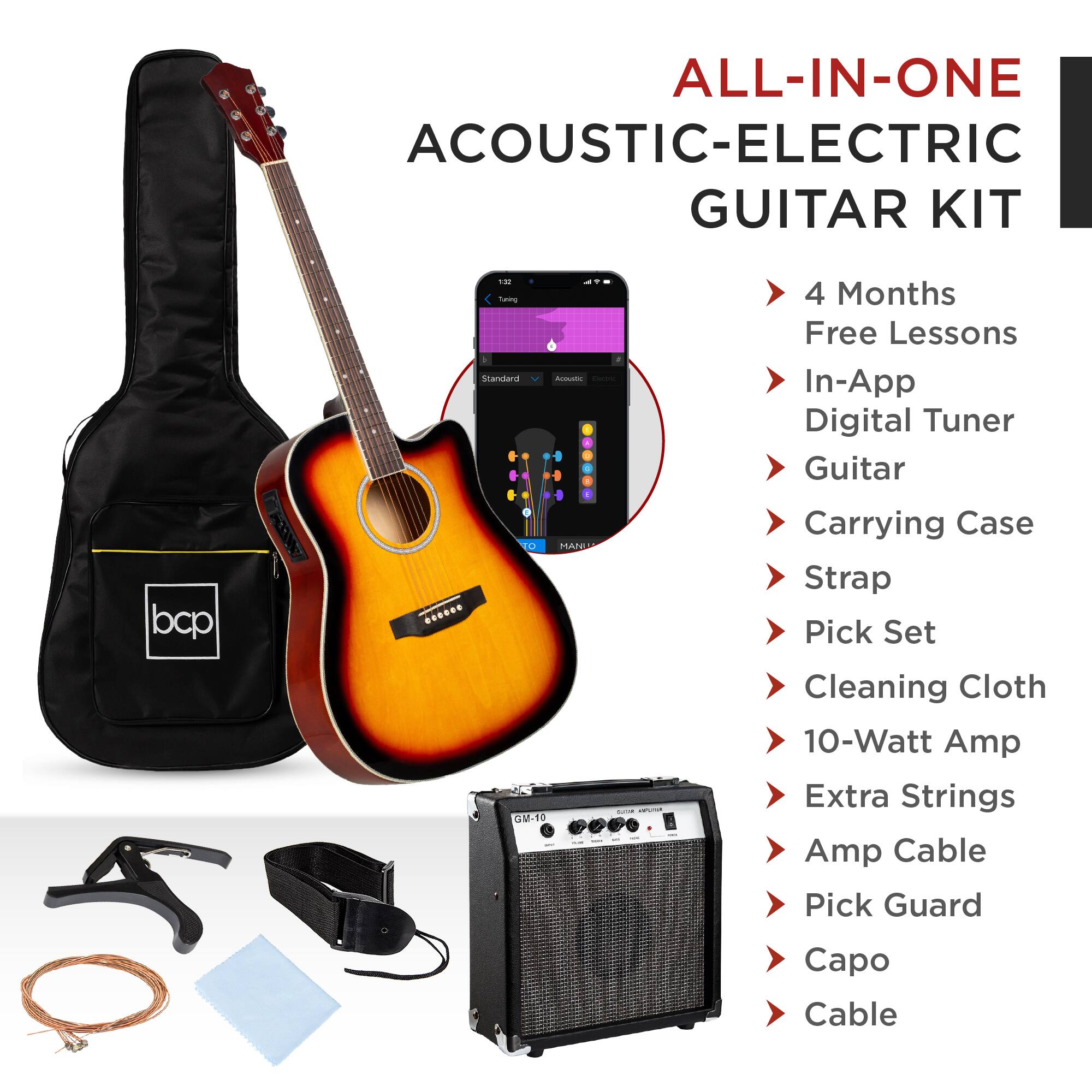 ALL-IN-ONE ACOUSTIC-ELECTRIC GUITAR KIT

- 4 Months Free Lessons
- In-App Digital Tuner
- Guitar
- Carrying Case
- Strap
- Pick Set
- Cleaning Cloth
- 10-Watt Amp
- Extra Strings
- Amp Cable
- Pick Guard
- Capo
- Cable