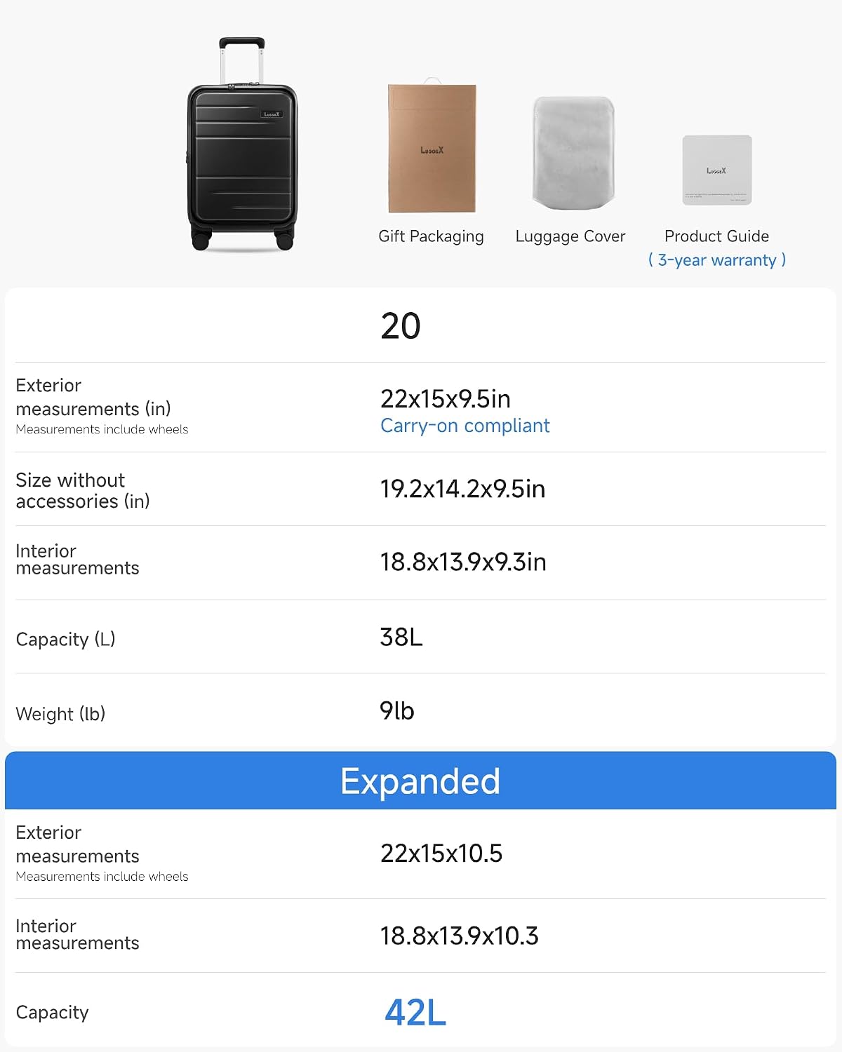 LUGGEX 20 Inch Carry On Luggage Airline Approved, Expandable PC ...