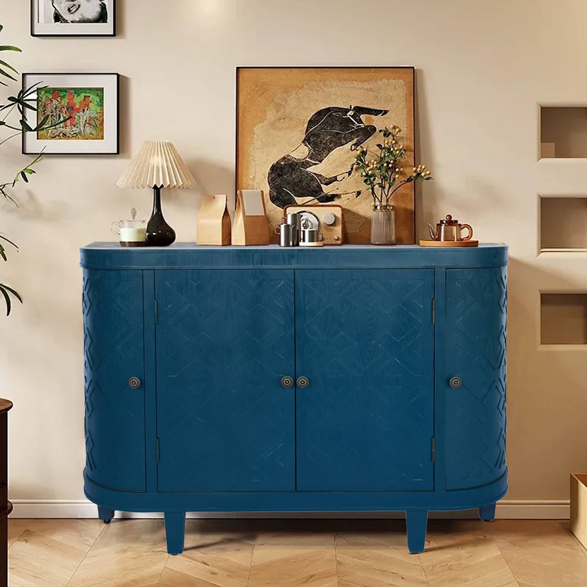 Front. APRILSOUL - Handmade Fir Wood Shutter Accent Cabinet Rustic Walnut Sideboard Storage Buffet - Antique blue green.