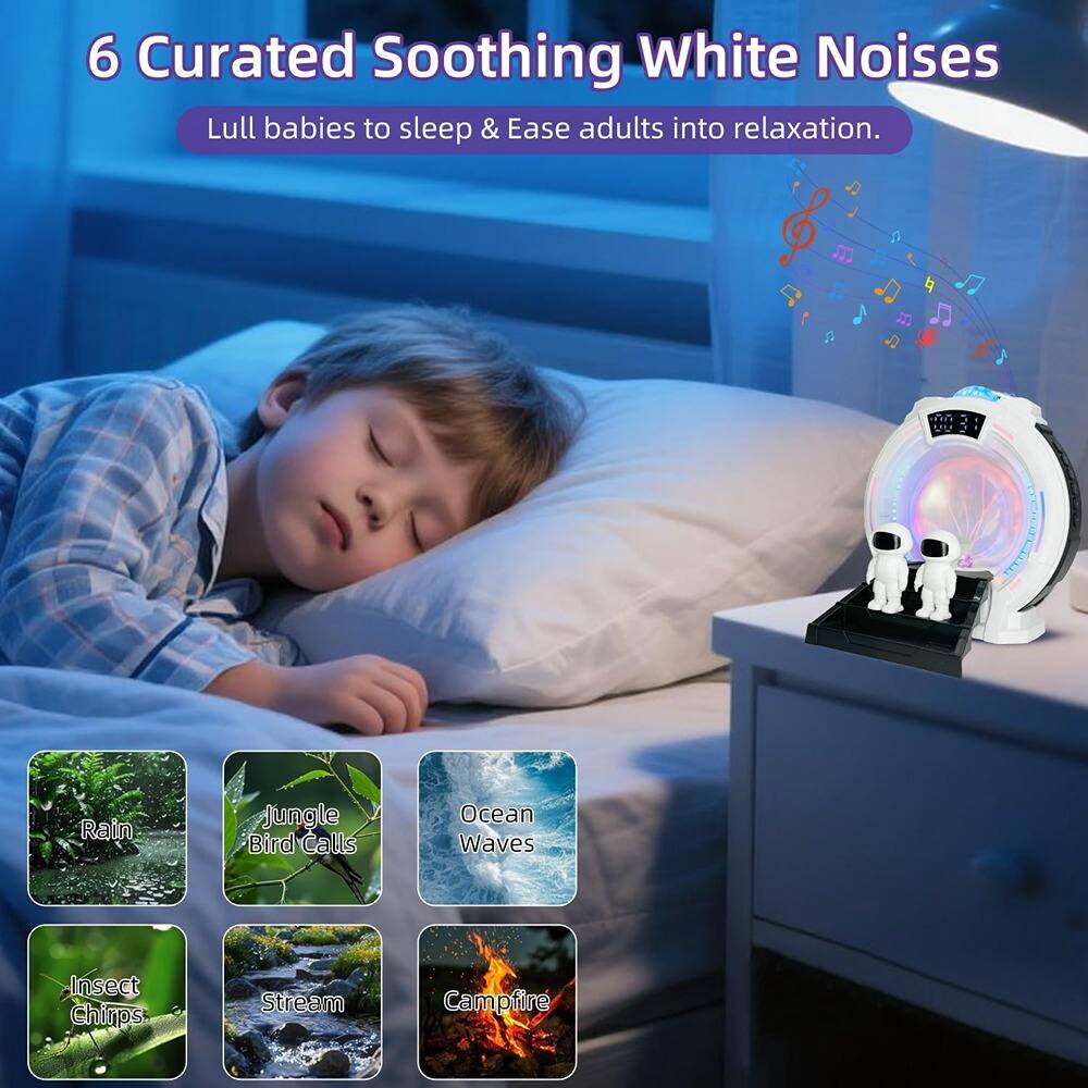 6 Curated Soothing White Noises  
Lull babies to sleep & Ease adults into relaxation.  

- Rain  
- Jungle Bird Calls  
- Ocean Waves  
- Insect Chirps  
- Stream  
- Campfire