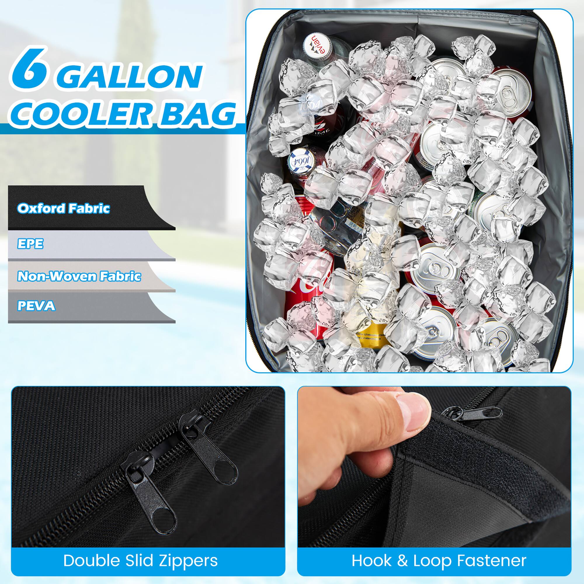 6 GALLON COOLER BAG

- Oxford Fabric
- EPE
- Non-Woven Fabric
- PEVA

Double Slid Zippers

Hook & Loop Fastener