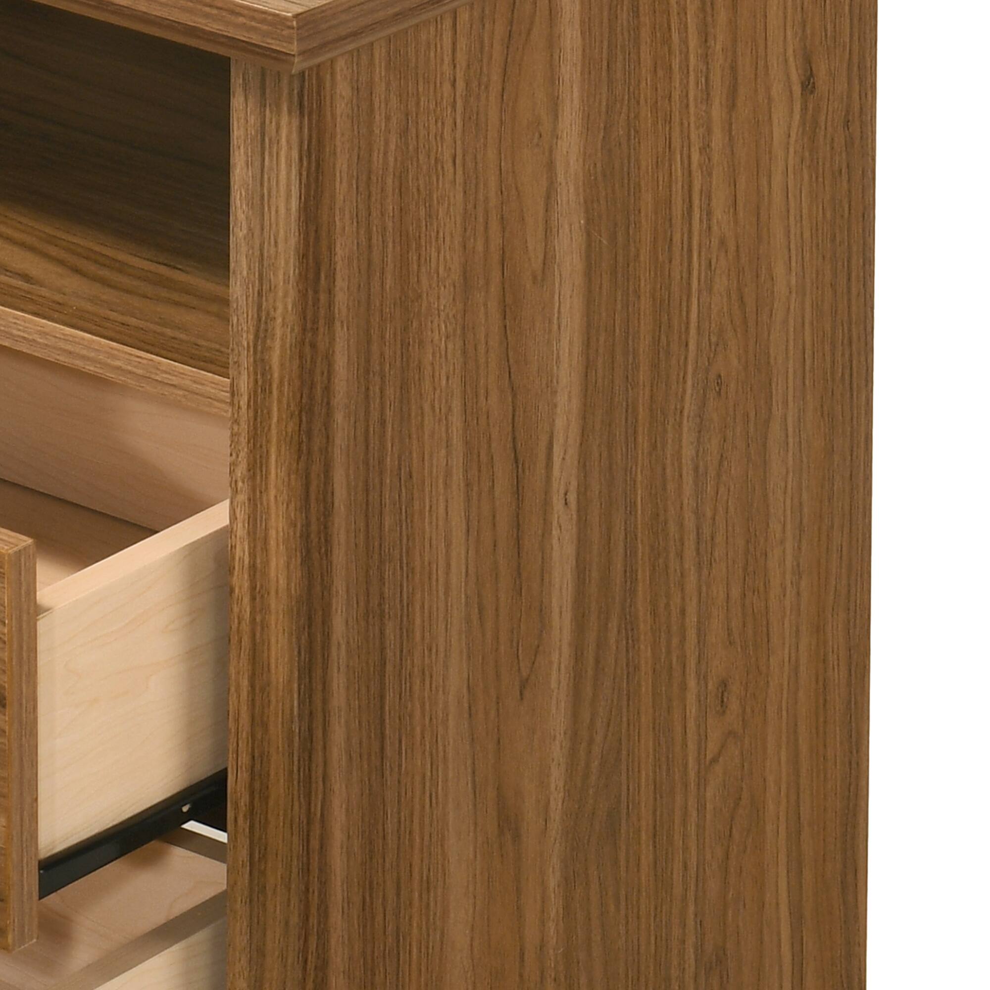 Alt View 7. Vaczon - Rustic Walnut Nightstand Bedside Table with Open Shelf and 2 Drawers - Walnut.