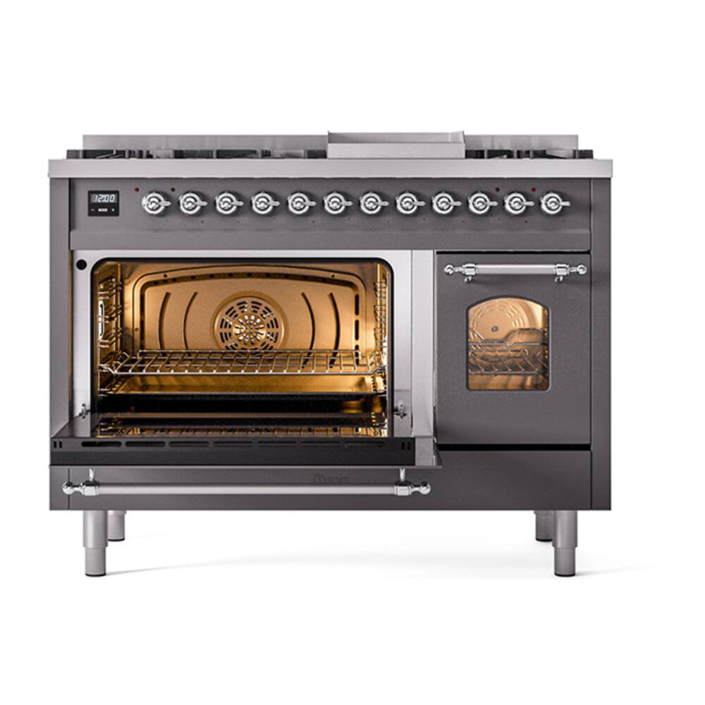 Alt View 5. ILVE - ILVE Nostalgie II 48 inch Dual Fuel Range with 8 Burners + Griddle (Liquid Propane, Graphite Matte, Chrome Trim) - Graphite Matte.