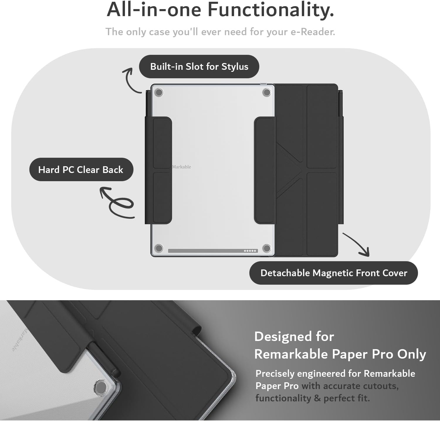 All-in-one Functionality.  
The only case you'll ever need for your e-Reader.  

Built-in Slot for Stylus  
Hard PC Clear Back  
Markable  
Detachable Magnetic Front Cover  

Designed for Remarkable Paper Pro Only  
Precisely engineered for Remarkable Paper Pro with accurate cutouts, functionality & perfect fit.