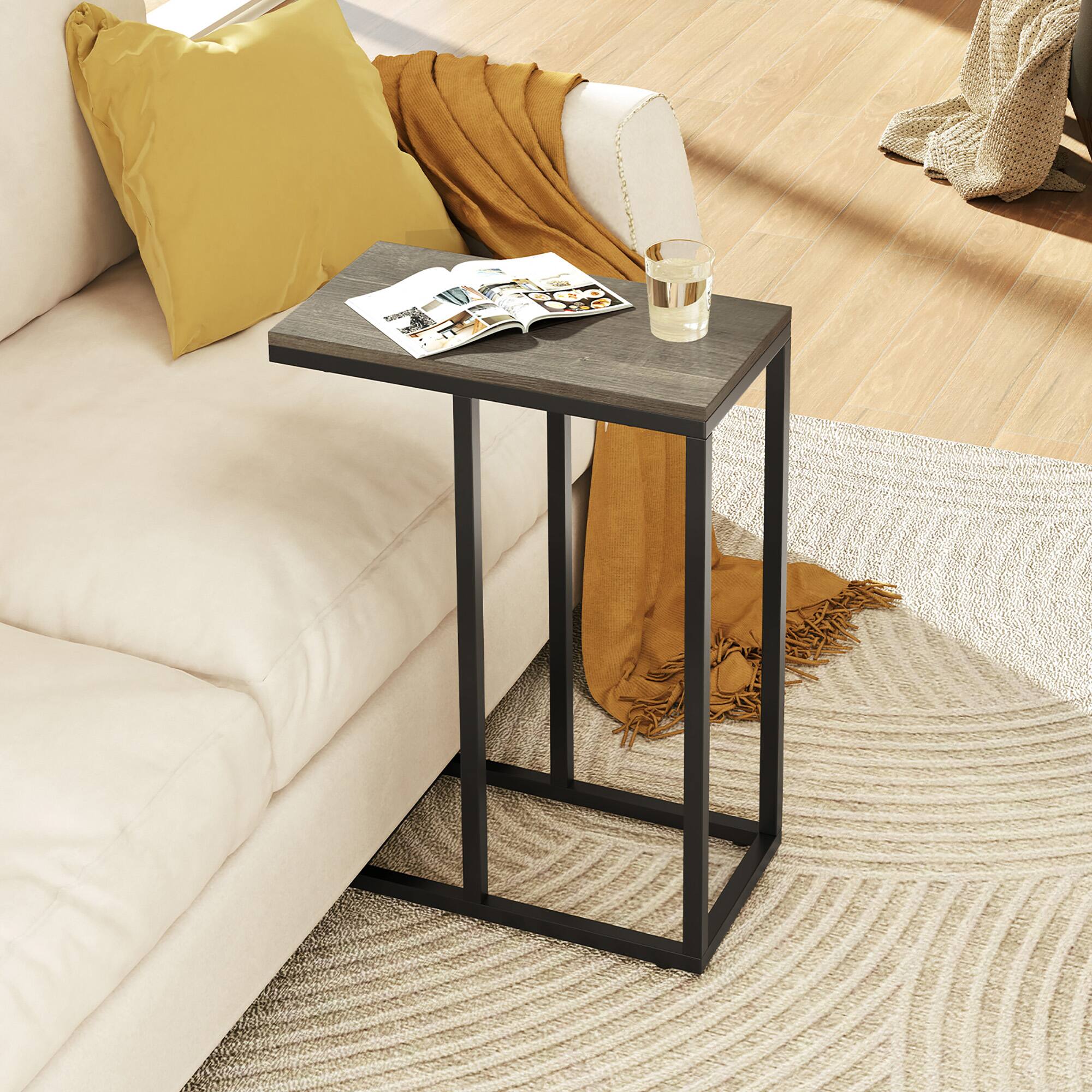 Alt View 3. Gymax - Gymax C-shaped End Table Modern Sofa Side Table w/ Adjustable Foot Pads Rustic Gray & Black - Gray, Black.
