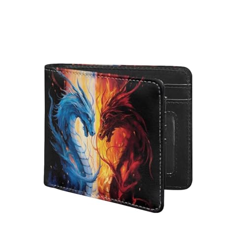 Front. Vulpecula Spade - Flame Dragon Wallet for Men Slim Leather Wallets for Boys Thin Travel Wallet Red Blue Dragon Card Holde Smart Bifold - Flame Red Blue Dragons.