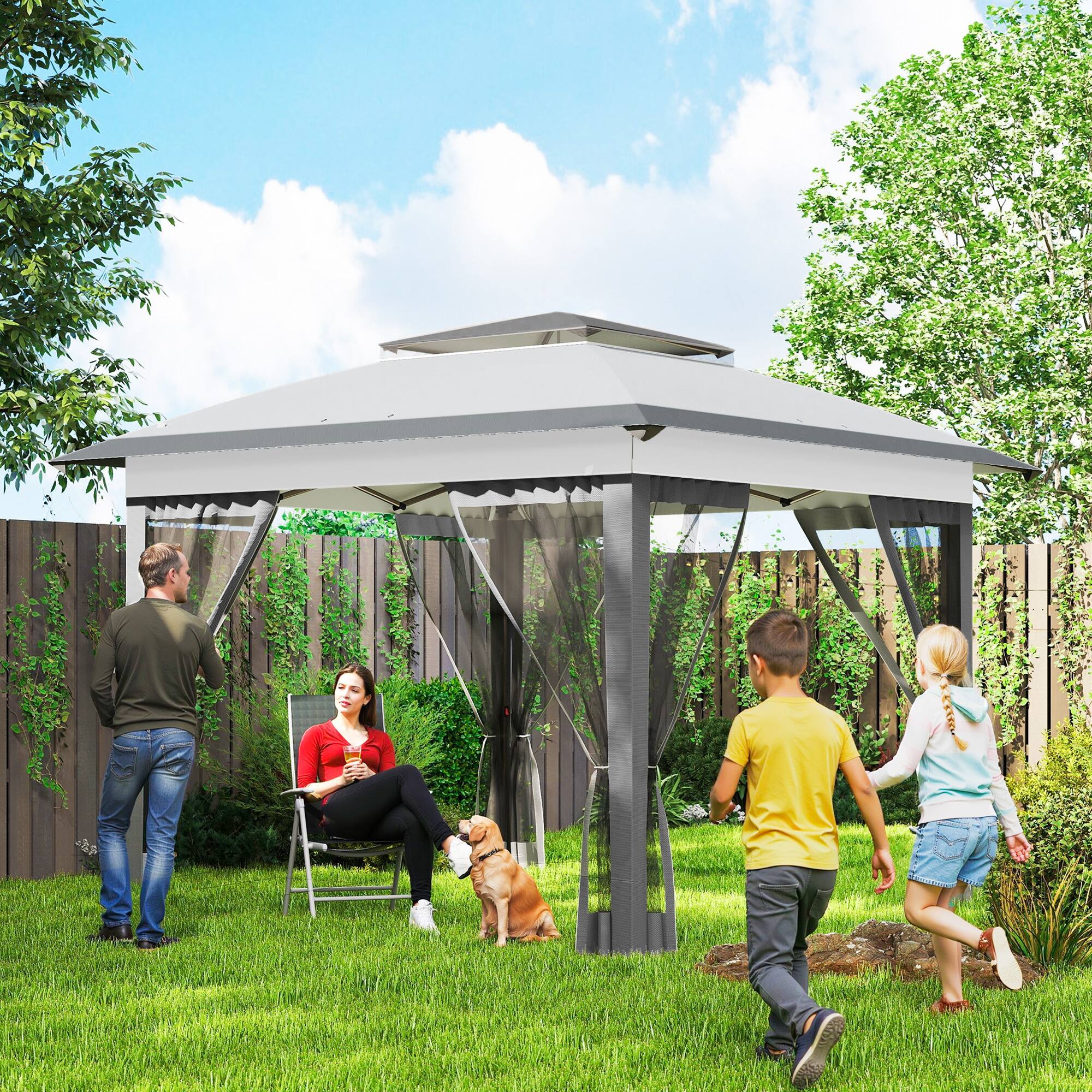 Alt View 1. Outsunny - 12' x 12' Pop Up Canopy with Mesh Sidewall Netting - Gray.