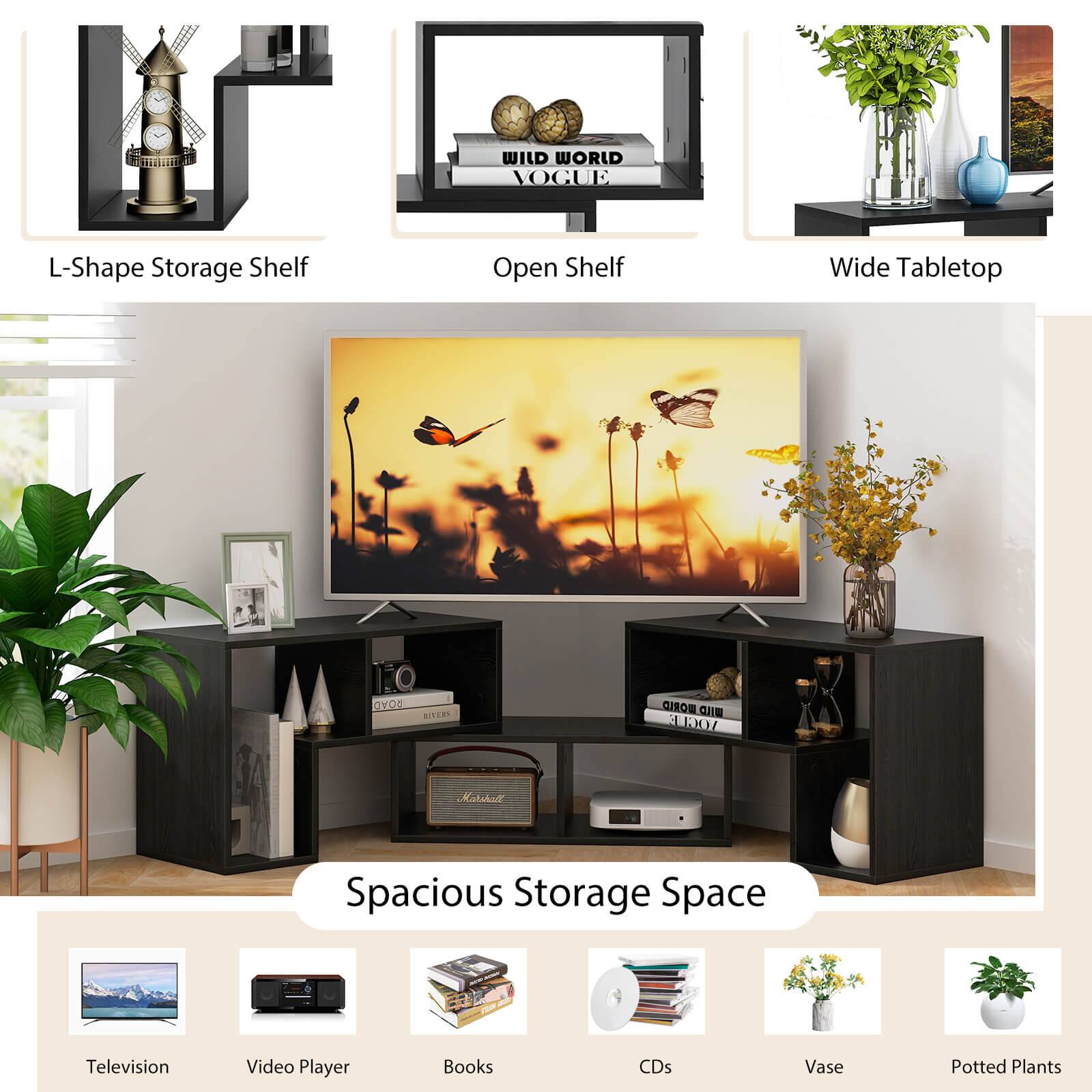 Spacious Storage Space L-Shape Storage Shelf Open Shelf Wide Tabletop Television Video Player Books CDs Vase Potted Plants