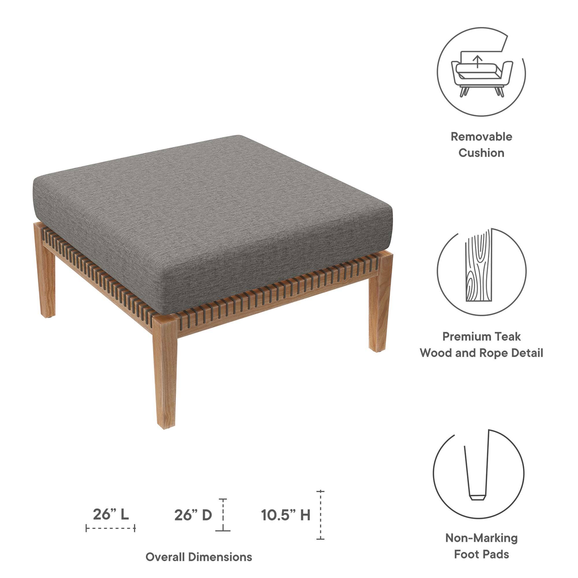 - Removable Cushion
- Premium Teak Wood and Rope Detail
- Overall Dimensions: 26" L x 26" D x 10.5" H
- Non-Marking Foot Pads
