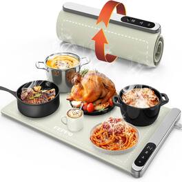 FEPPO - Food Warming Mat, 23" x 14" Warming Mat for Food, Fast Full-Surface Heating, 6 Temp Levels, 6H Timer, Roll-Up Design - White