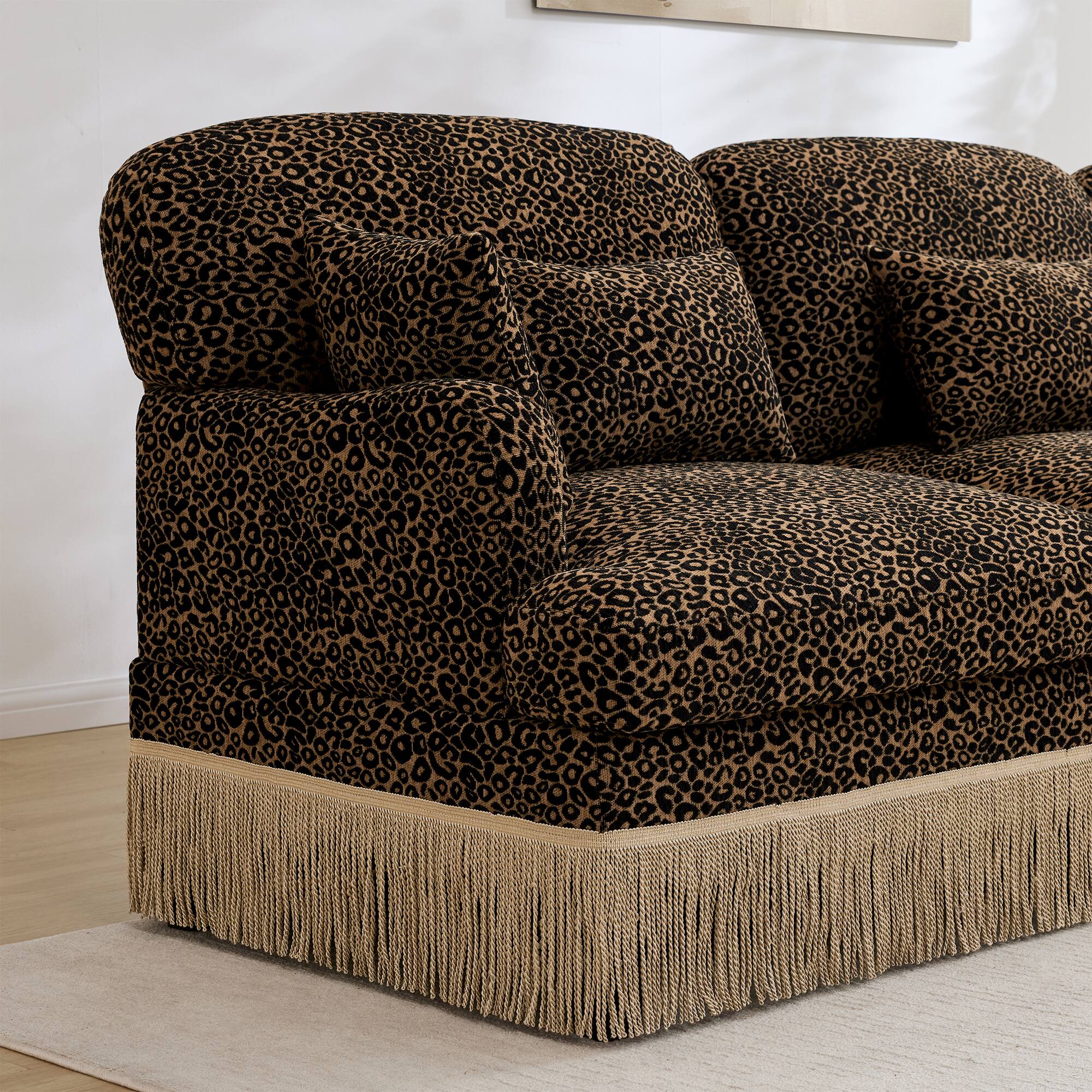 Left. Anysun - Modular Comfy Leopard Printing Loveseat with Exquisite Tassel Trimmings and 2 Movable Ottomans - Brown.