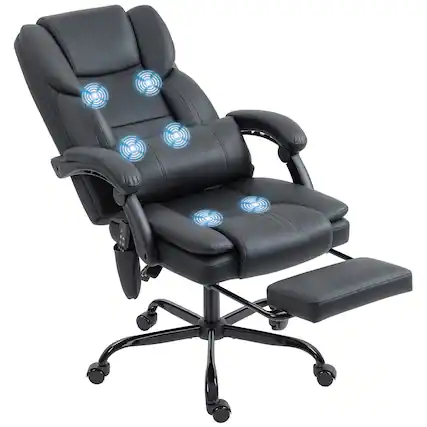 Front. HOM - HOMCOM Massage Office Chair with 6 Vibration Points, Pet-Friendly Faux Leather, Reclining Desk Chair with Lumbar Support - Black.